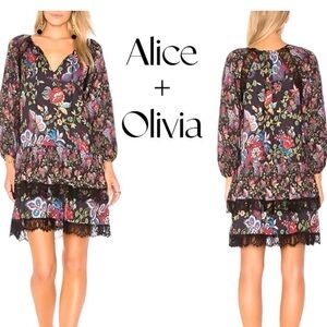 Alice + Olivia Lakita Black Tiered Floral Dress Large